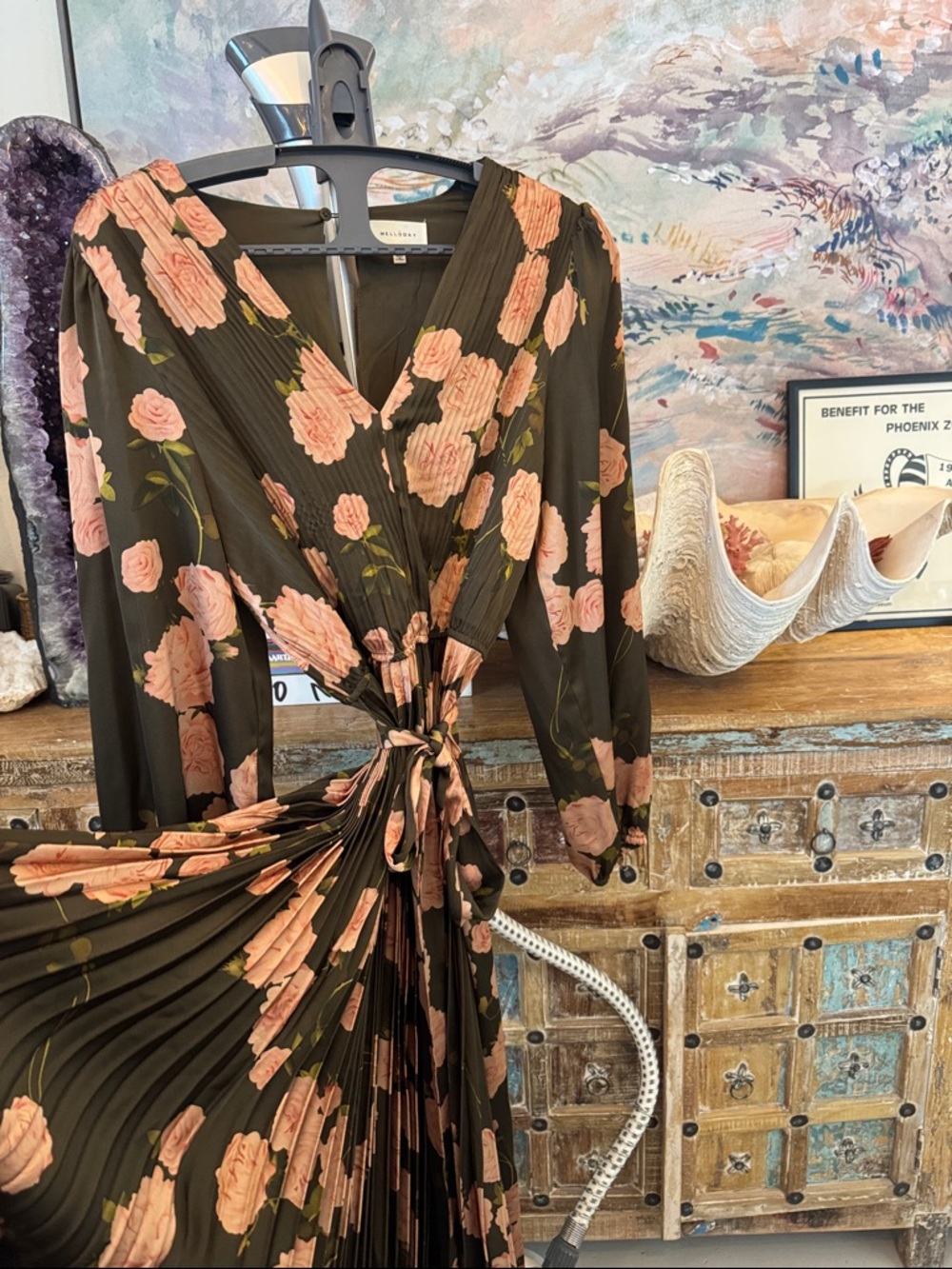 MELLODAY Olive Long Sleeve Pleated Wrap Dress with Pink Rose Print Size L